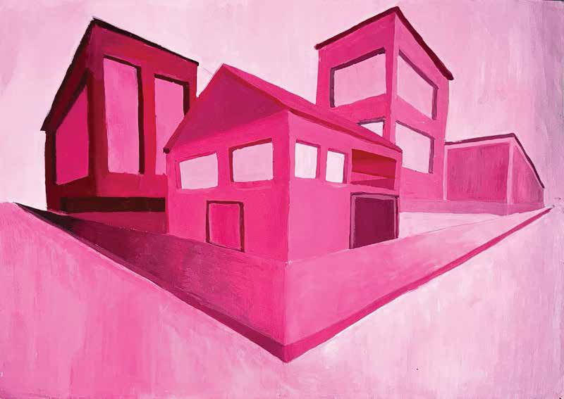 Gouache perspective in blues and pinks of an urban block.