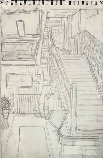 Pencil drawing of an interior staircase with landing and balustrade.
