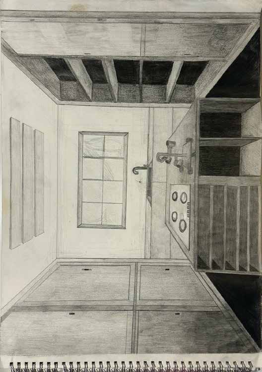 Pencil drawing of a kitchen interior in one-point perspective.