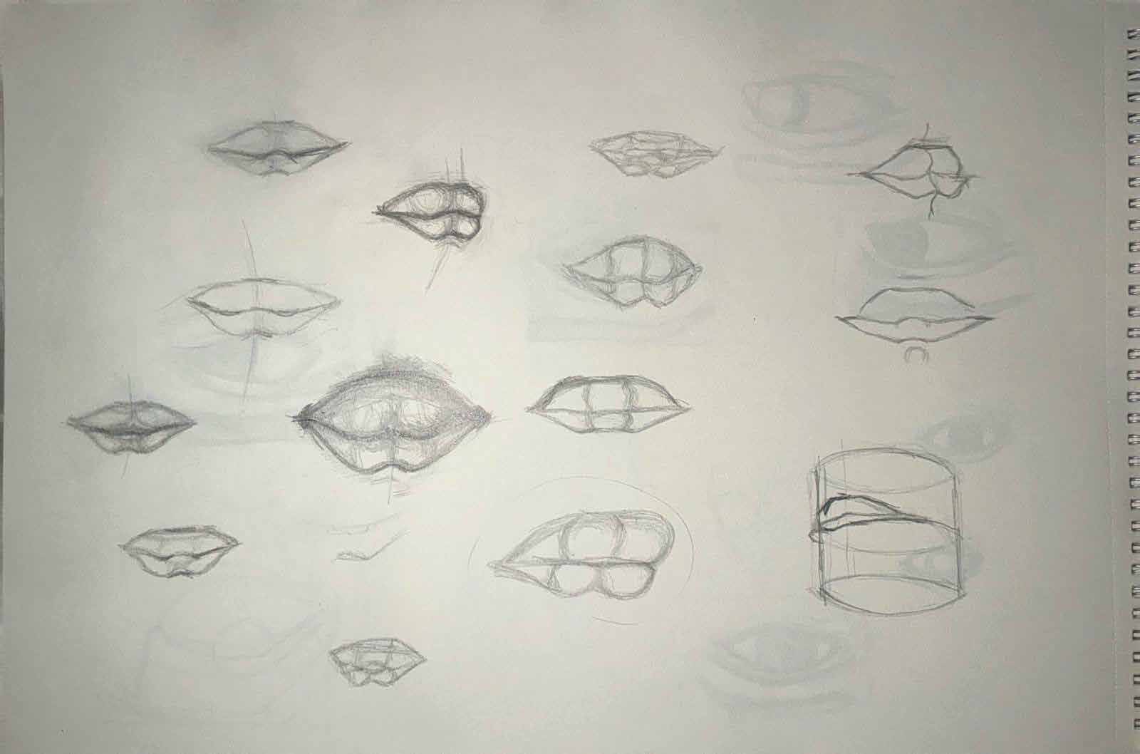 Pencil studies of lips and mouths.