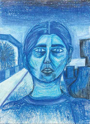 Pastel self-portrait in shades of blue.