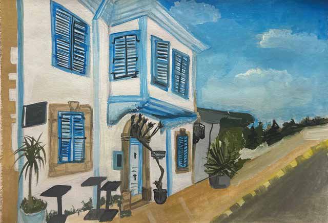 Zahra Street — gouache painting of a blue-shuttered Cypriot facade.